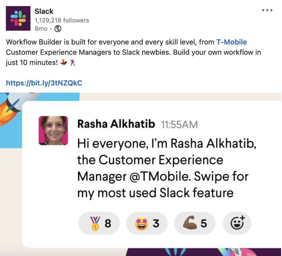 Between other posts, Slack includes testimonials and favorite features of big-name clients, like T-Mobile.