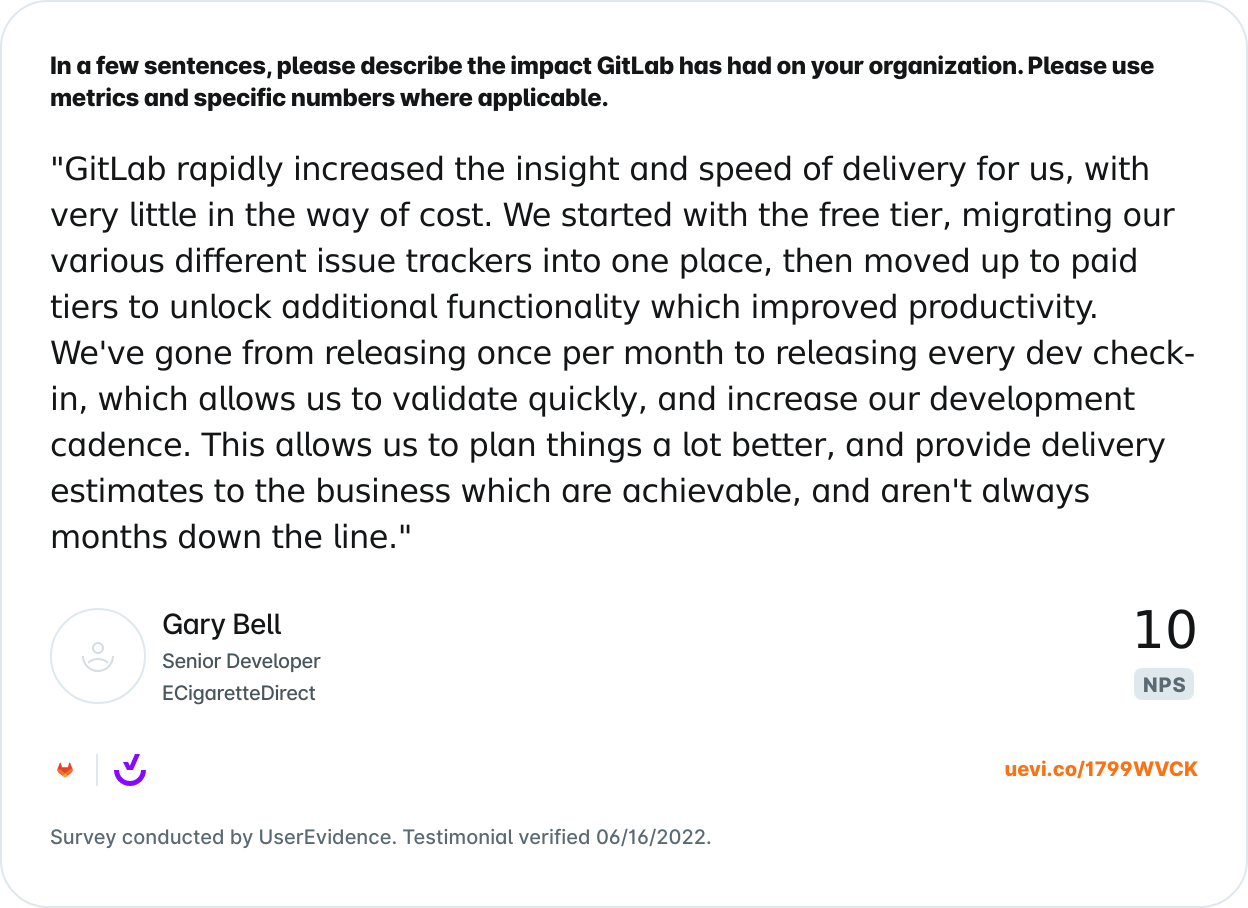 This testimonial from GitLab illustrates an external use of the voice of the customer.