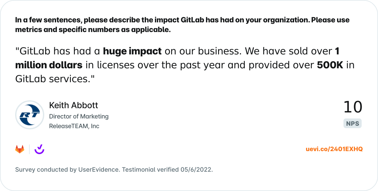 Gitlab was able to collect this customer proof point to share with buyers.