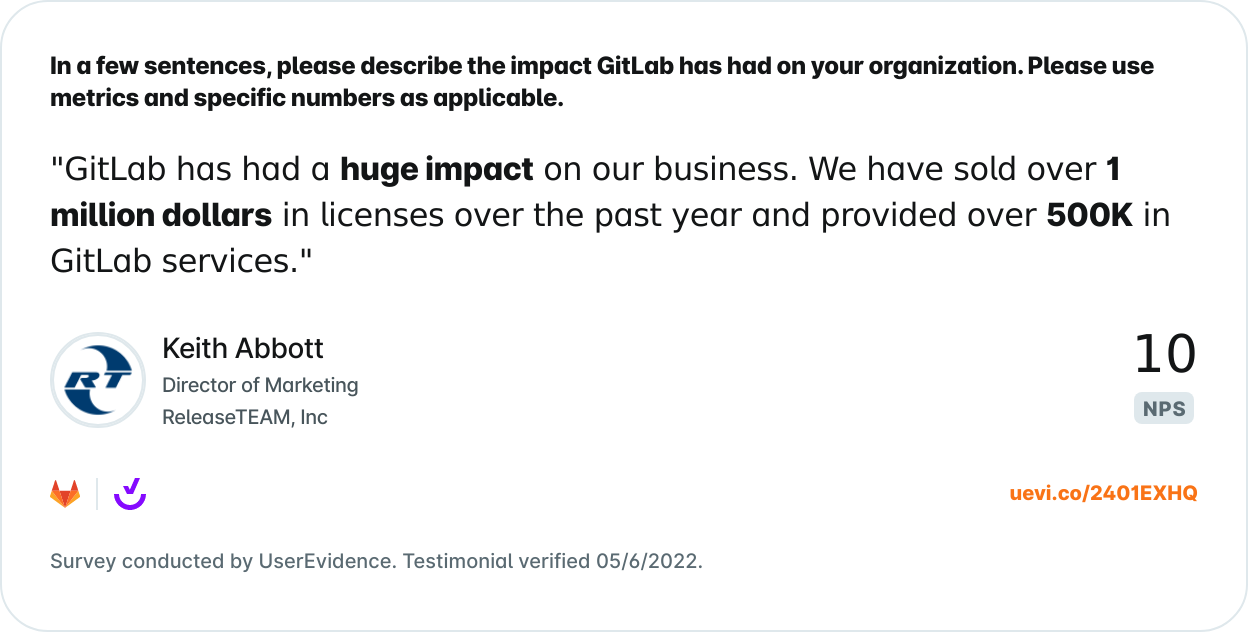 This data is from a survey of GitLab users, and was verified by UserEvidence on May 06, 2022.