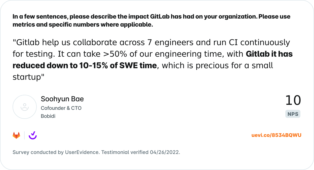 An example of a customer testimonial detailing how GitLab improves their team’s collaboration and saves engineers time.